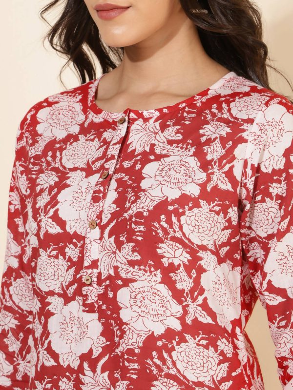 Janasya Women s Red Cotton Cambric Floral Printed Casual Straight Top Set Cheap