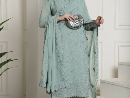 Aastha Fashion Women s Green Georgette Floral Resham Thread with Cording & Crystal work Kurta with Trouser & Dupatta For Sale