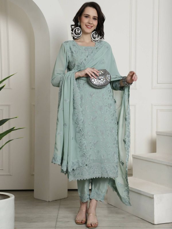 Aastha Fashion Women s Green Georgette Floral Resham Thread with Cording & Crystal work Kurta with Trouser & Dupatta For Sale