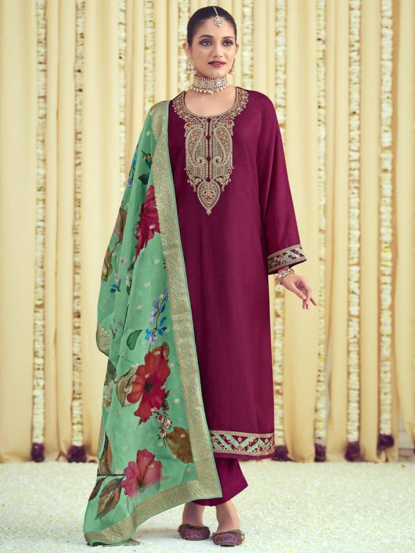 Aastha Fashion Women s Magenta Raw Silk Cording with Resham Thread work Kurta with Trouser & Dupatta Online Hot Sale