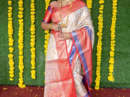 Aastha Fashion Off White Woven Kanchipuram Silk Saree with Blouse Hot on Sale