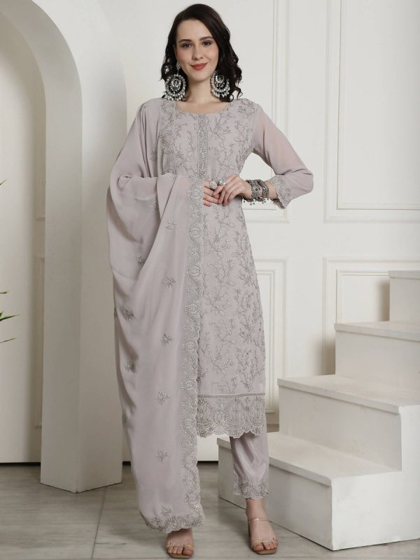 Aastha Fashion Women s Grey Georgette Floral Resham Thread with Cording & Crystal work Kurta with Trouser & Dupatta Online Sale