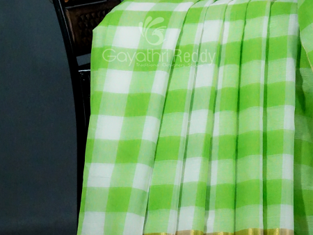 Cream And Neon Green With Checks Pure Mangalgiri Cotton Saree By Gayathri Reddy Designer Studio Discount