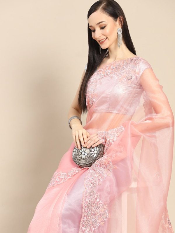 Anouk Pink Sequinned Organza Saree With Embroidered Border Online