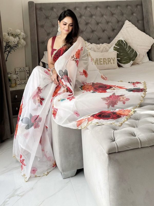 Anouk White & Maroon Floral Printed Organza Saree Cheap