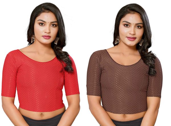 Malishka Women s Lycra Readymade Blouse Combo Pack - Red & Brown Discount