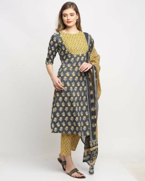 Aastha Fashion Women s Dark Grey Cotton Embroidered Kurta with Trouser & Dupatta Sale