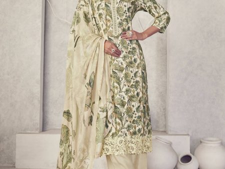 Aastha Fashion Women s Cream Pure Pashmina Digital Print with Jacquard Woven Kurta with Trouser & Dupatta Sale