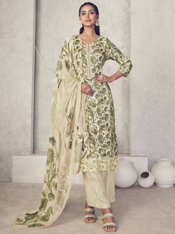 Aastha Fashion Women s Cream Pure Pashmina Digital Print with Jacquard Woven Kurta with Trouser & Dupatta Sale