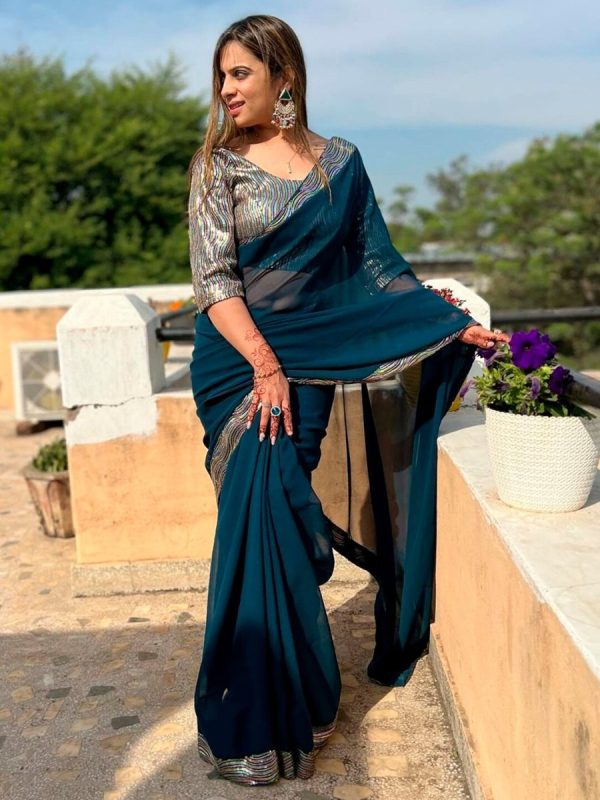 Anouk Teal Blue Sequinned Pure Georgette Saree Online Hot Sale