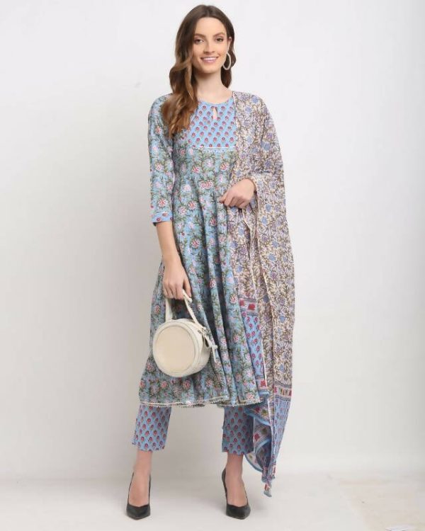 Aastha Fashion Women s Blue Cotton Kalamkari Printed Kurta with Trouser & Dupatta Hot on Sale