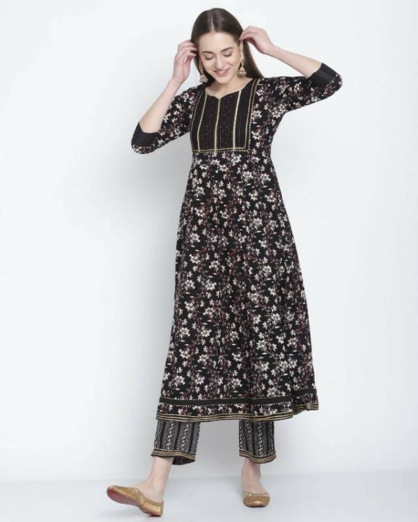 Aastha Fashion Women s Black Cotton Jaipuri Printed Kurta with Trouser & Dupatta For Cheap