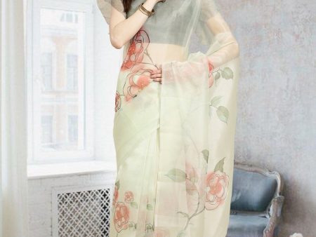 Aastha Fashion Women s Cream Digital Printed Organza Saree with Blouse Supply