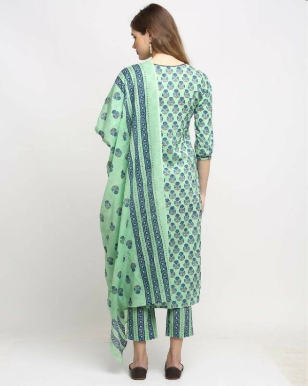 Aastha Fashion Women s Pista Green Cotton Jaipuri Printed Kurta with Trouser & Dupatta Online