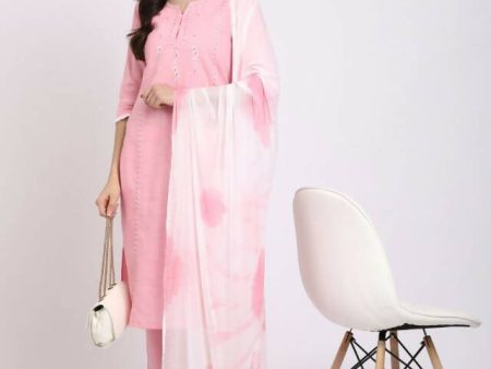 Aastha Fashion Women s Pink Cotton Embroidered Kurta with Trouser & Dupatta Online Sale