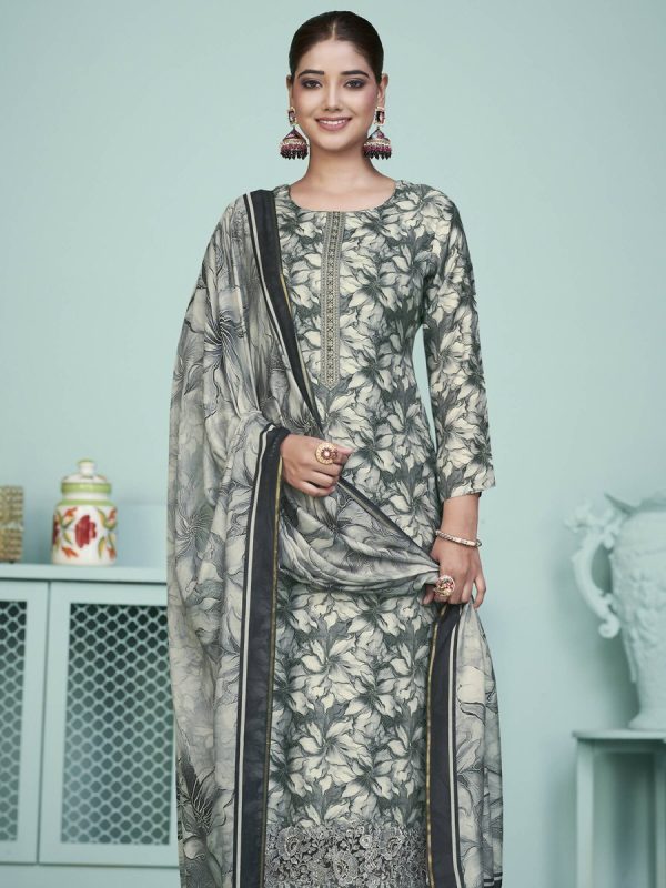 Aastha Fashion Women s Grey Muslin Digital Print with Resham Thread work Kurta with Trouser & Dupatta Online Sale