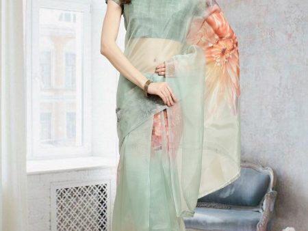 Aastha Fashion Women s Teal Digital Printed Organza Saree with Blouse For Cheap