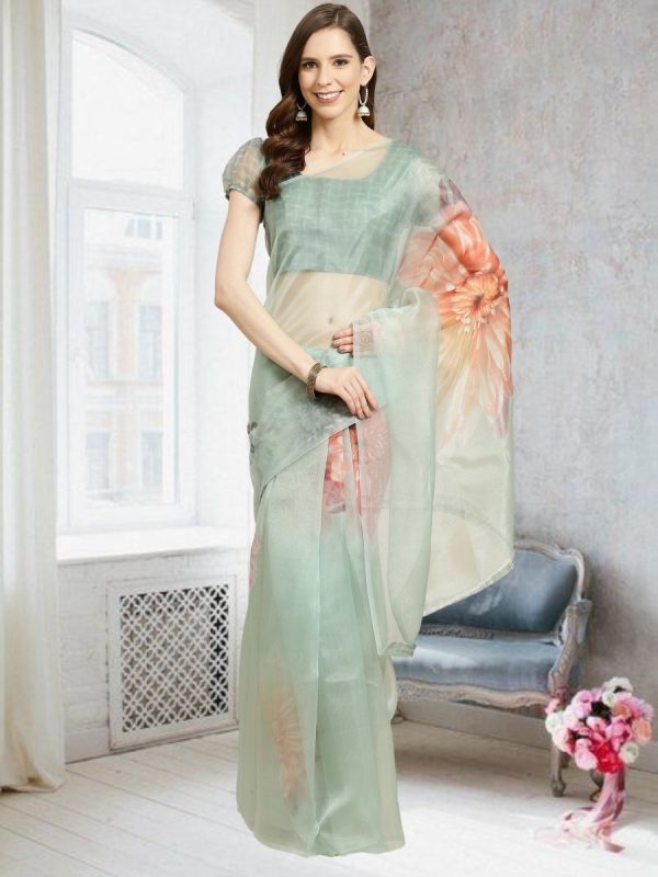 Aastha Fashion Women s Teal Digital Printed Organza Saree with Blouse For Cheap