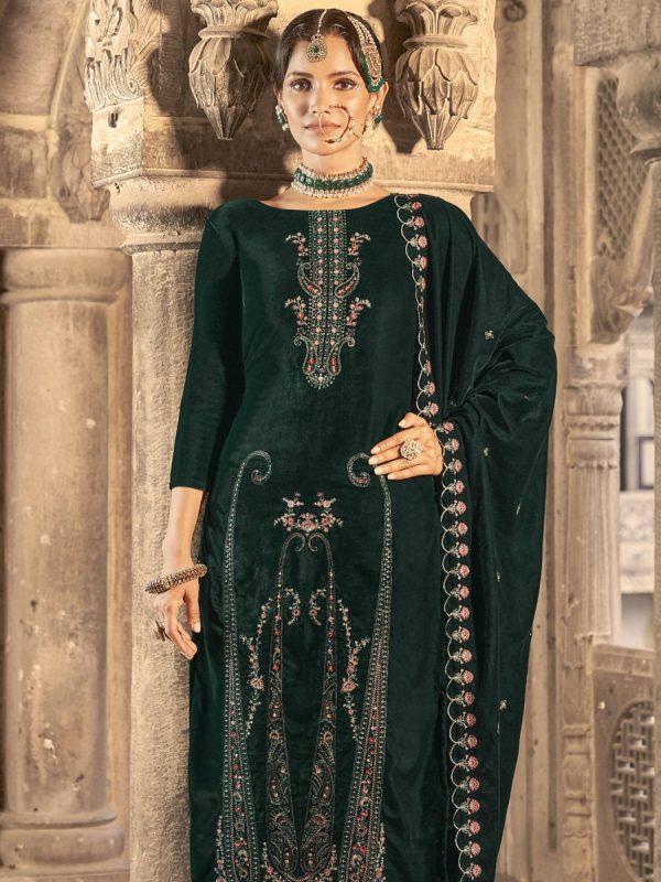 Aastha Fashion Women s Green Velvet Floral Resham Thread with Jari work Kurta with Trouser & Dupatta Sale