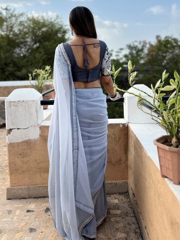 Anouk Grey Embroidered Pure Georgette Saree Cheap