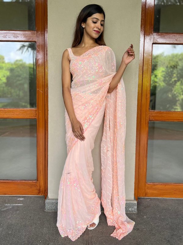 Anouk Peach-Coloured Floral Embellished Sequinned Pure Georgette Saree Online Hot Sale