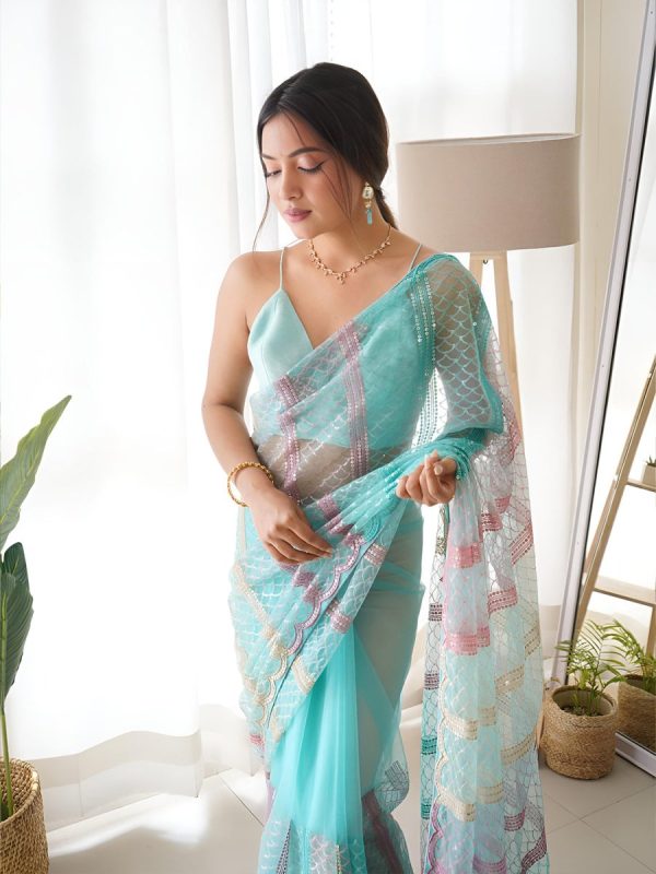 Anouk Striped Sequinned Net Saree Cheap