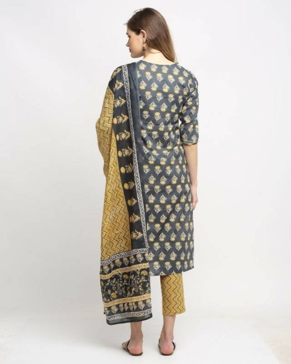 Aastha Fashion Women s Dark Grey Cotton Embroidered Kurta with Trouser & Dupatta Sale