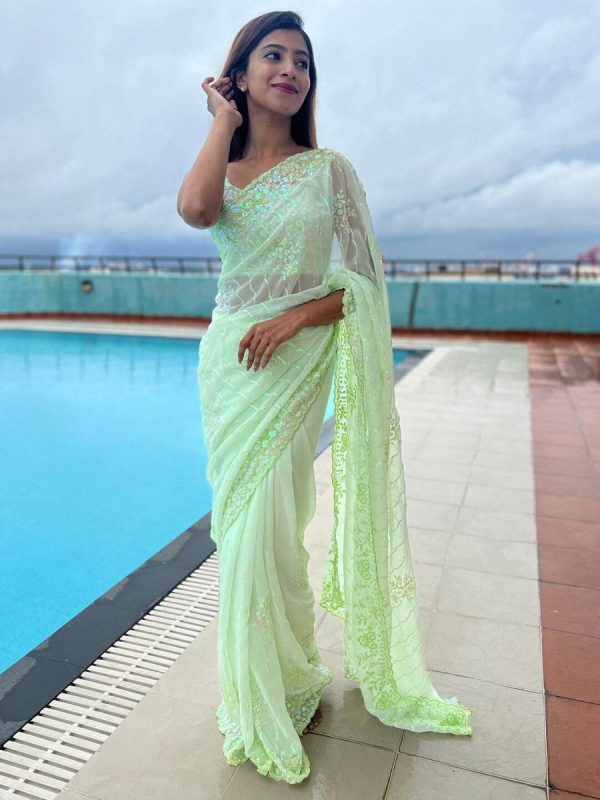 Anouk Green Floral Embellished Sequinned Pure Georgette Saree Fashion