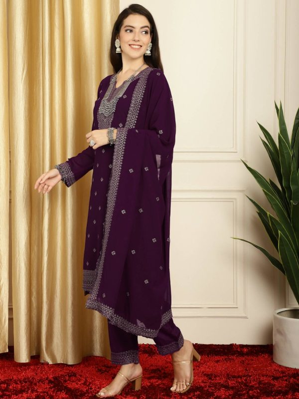 Aastha Fashion Women s Burgundy Georgette Resham Thread & Sequin Kurta with Trouser & Dupatta Supply