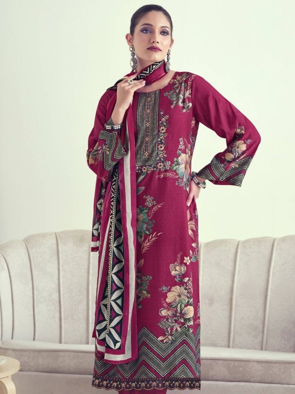 Aastha Fashion Women s Magenta Muslin Floral Digital Print with Resham Thread work Kurta with Trouser & Dupatta Online now