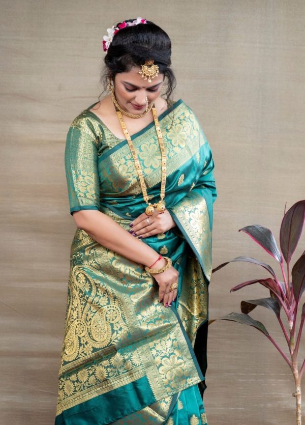 Aastha Fashion Sea Green Woven Paithani Silk Saree with Blouse on Sale