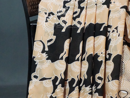 Black And Beige Combo Colour Pichwai Print Crocia Mulmul Cotton Saree By Gayathri Reddy Designer Studio on Sale