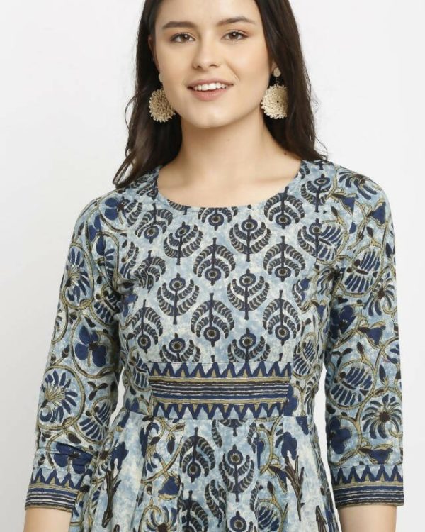 Aastha Fashion Women s Navy Blue Cotton Printed Kurta with Trouser & Dupatta on Sale