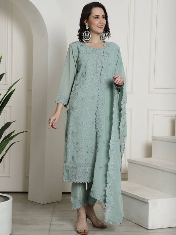 Aastha Fashion Women s Green Georgette Floral Resham Thread with Cording & Crystal work Kurta with Trouser & Dupatta For Sale