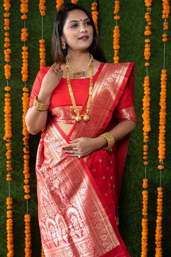 Aastha Fashion Red Woven Banarasi Silk Saree with Blouse on Sale