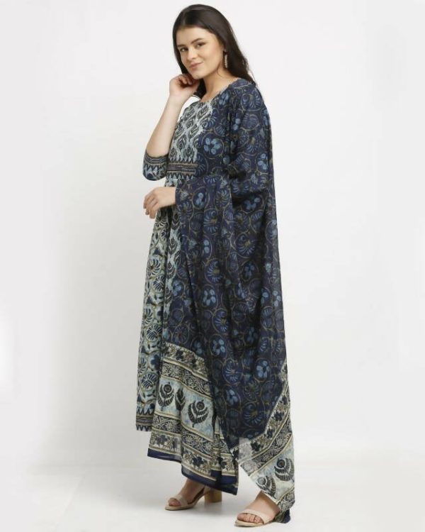 Aastha Fashion Women s Navy Blue Cotton Printed Kurta with Trouser & Dupatta on Sale