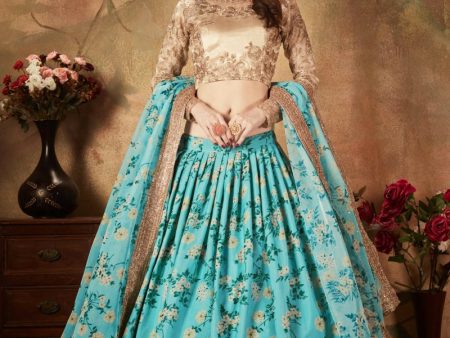 Aastha Fashion Women s Beautiful Sky Blue Sabyasachi Floral Digital Printed Organza Party Wear Lehenga Choli For Discount