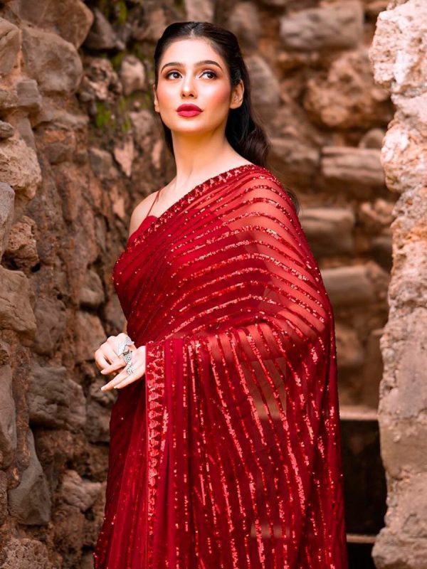 Anouk Red Embellished Sequinned Pure Georgette Saree For Discount