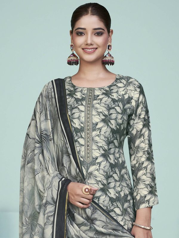 Aastha Fashion Women s Grey Muslin Digital Print with Resham Thread work Kurta with Trouser & Dupatta Online Sale