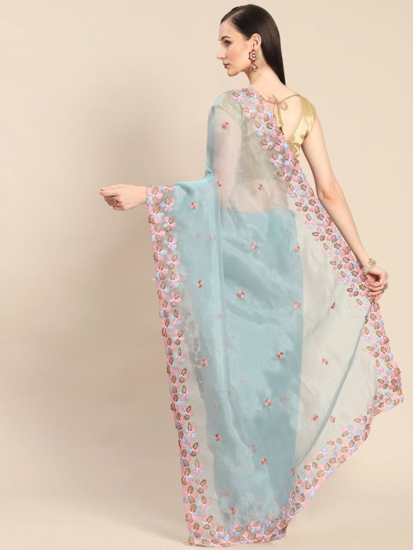 Anouk Blue & Pink Floral Organza Saree Fashion