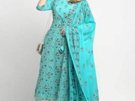 Aastha Fashion Women s Sky Blue Cotton Floral Printed Kurta with Trouser & Dupatta on Sale