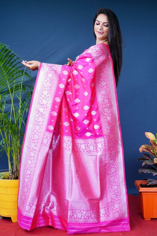 Aastha Fashion Rani Pink Woven Banarasi Silk Saree with Blouse Hot on Sale