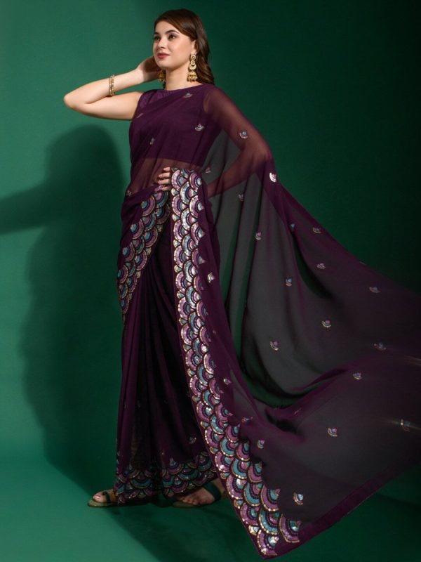 Anouk Purple & Blue Embellished Sequinned Saree Fashion