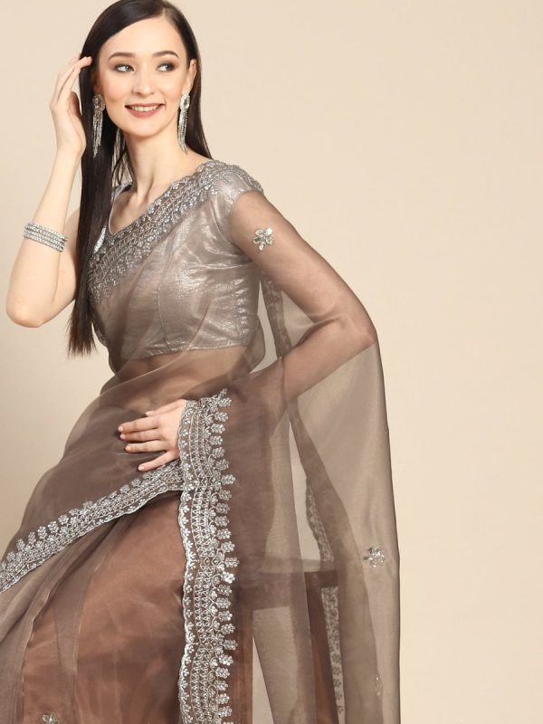 Anouk Copper & Silver-Coloured Sequinned Organza Saree Online now