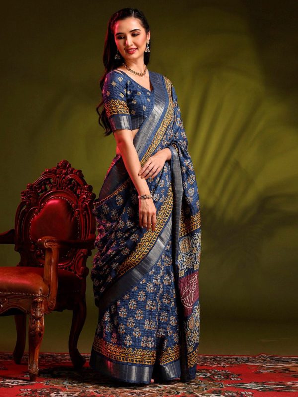 Anouk Blue Bagh Printed Zari Sungudi Saree Cheap