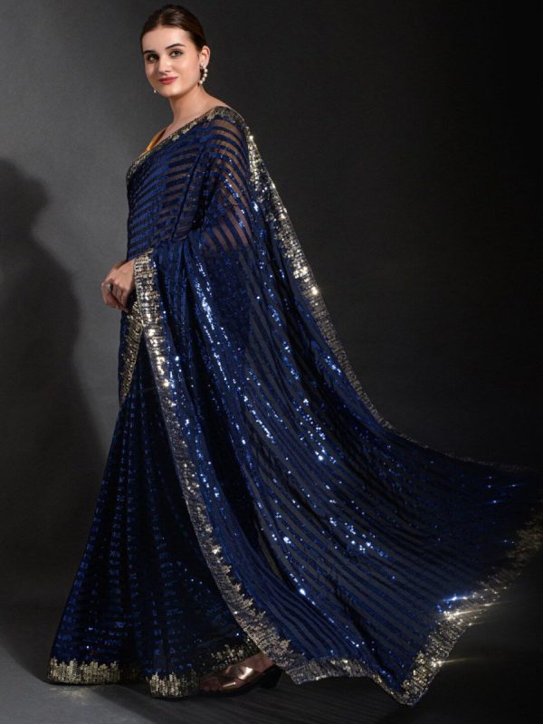 Anouk Navy Blue & Gold-Toned Embellished Sequinned Pure Georgette Saree For Cheap