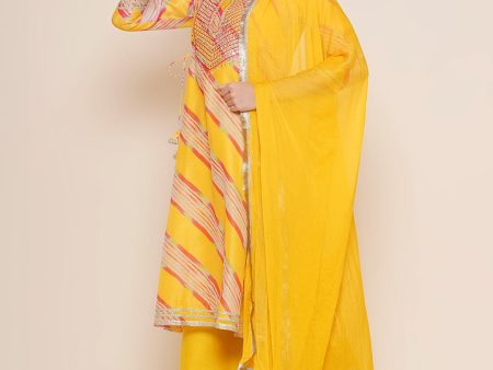 Yellow Leheriya Embroidered A-Line Kurta Set For Women & Lehenga Choli Set For Girl - Bhama Cheap