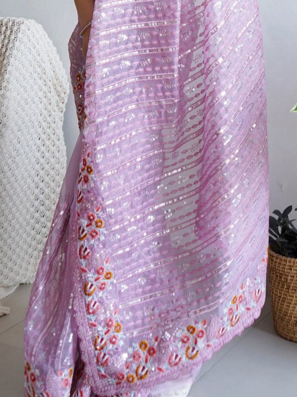 Anouk Mauve-Coloured Ethnic Motifs Embroidered Sequinned Organza Saree Online Sale