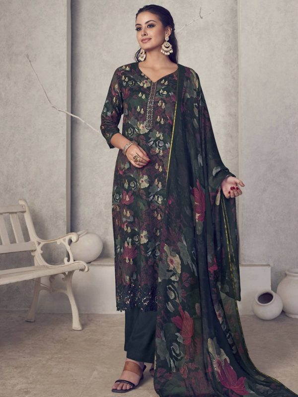 Aastha Fashion Women s Black Pure Pashmina Digital Print with Jacquard Woven Kurta with Trouser & Dupatta Cheap