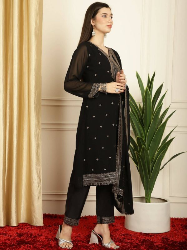 Aastha Fashion Women s Black Georgette Resham Thread & Sequin Kurta with Trouser & Dupatta Hot on Sale